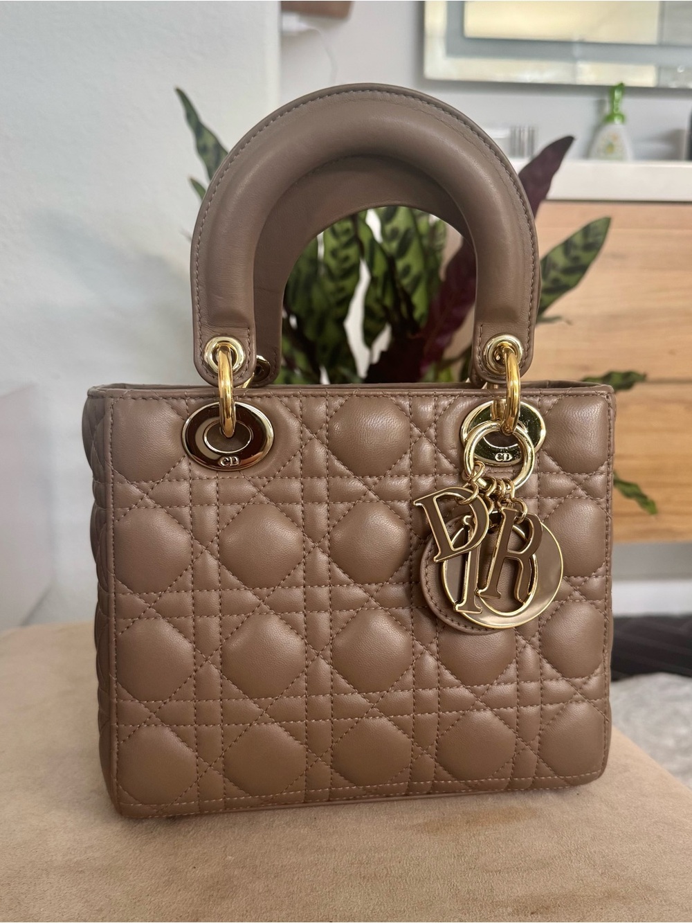 Dior Taupe Quilted Lady Dior Tote with Gold Hardware